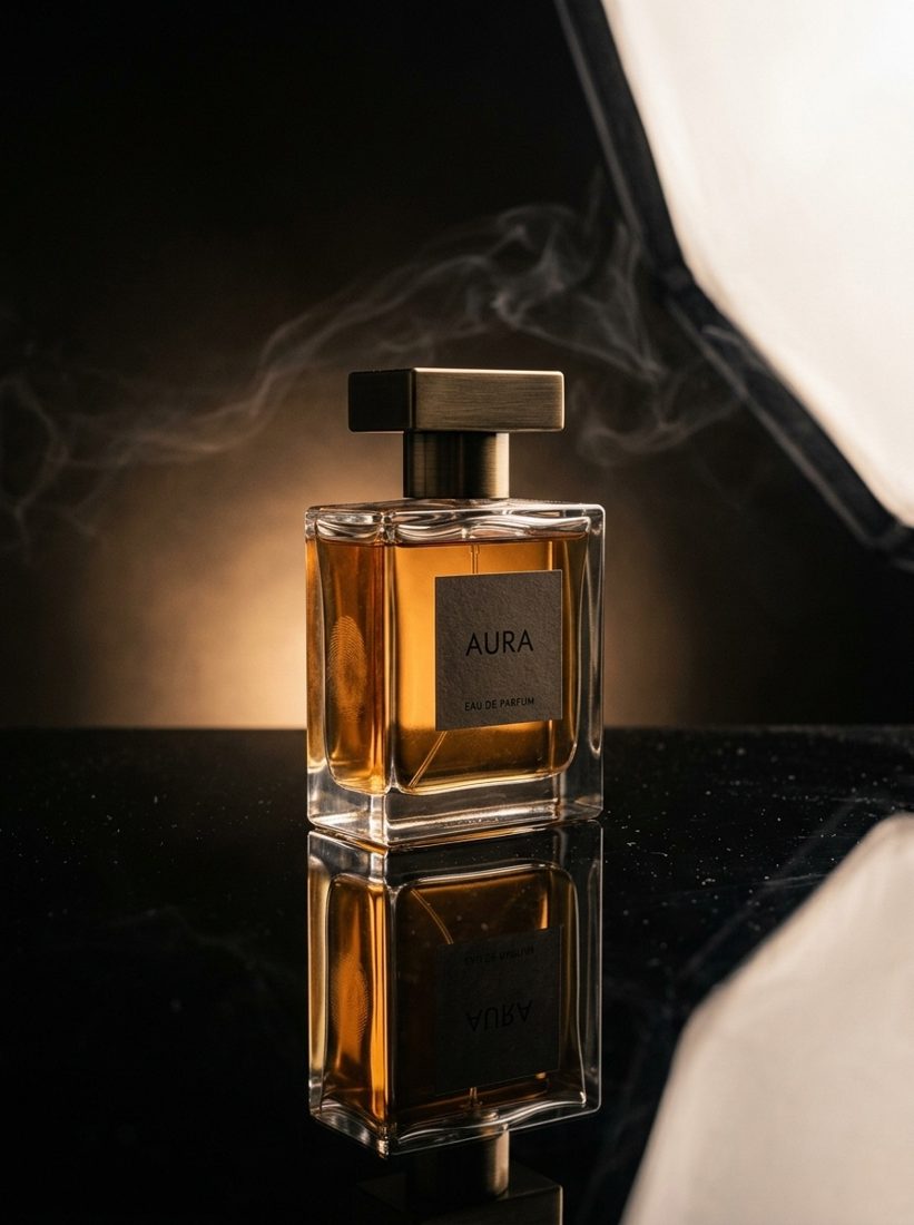 Perfume bottle on a black mirror with smoke