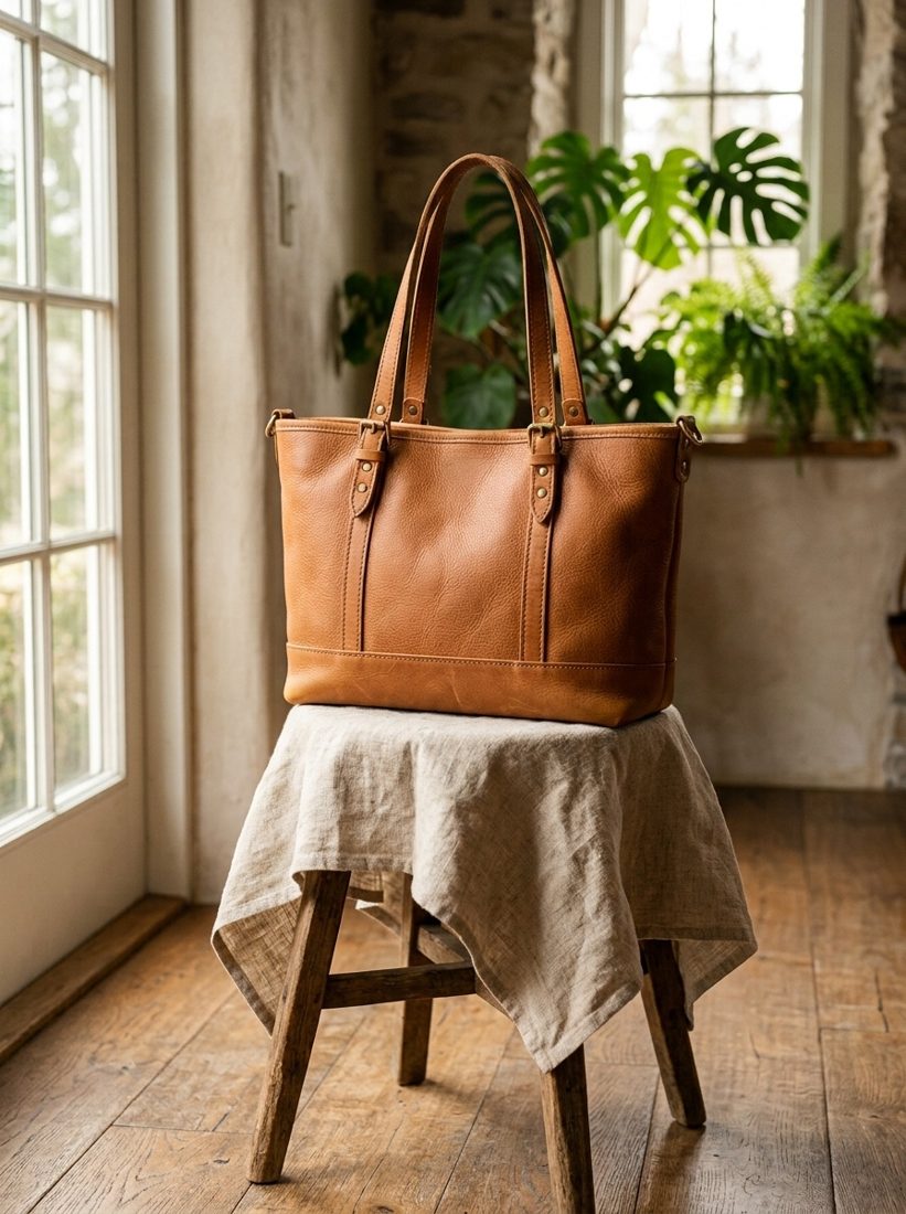 Tan leather tote on a stool