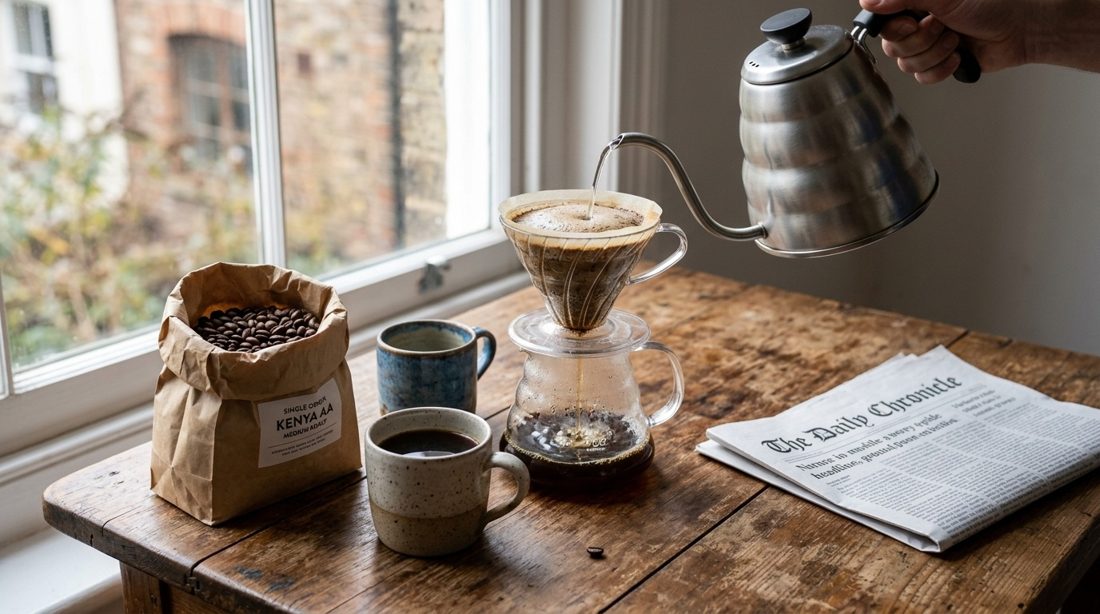 Coffee pour-over at a breakfast table