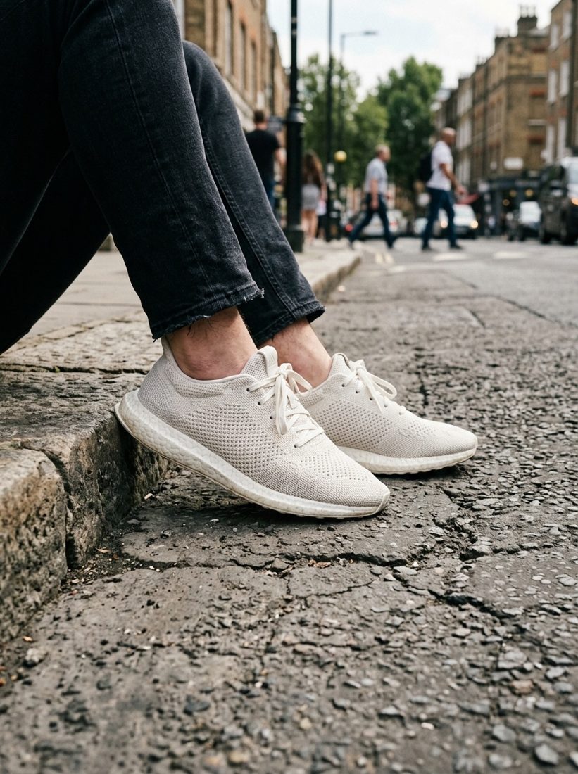Sneakers on a city curb