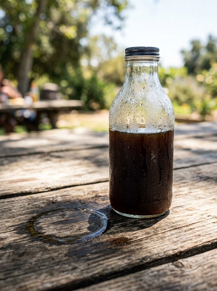 Cold brew bottle sweating in the sun