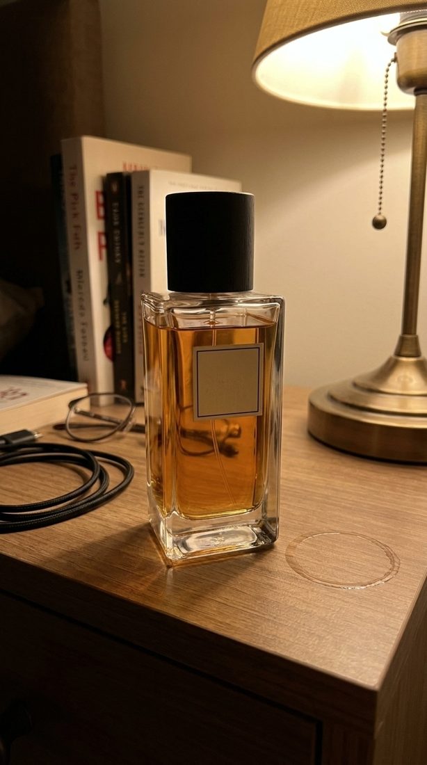 Perfume on a nightstand at night